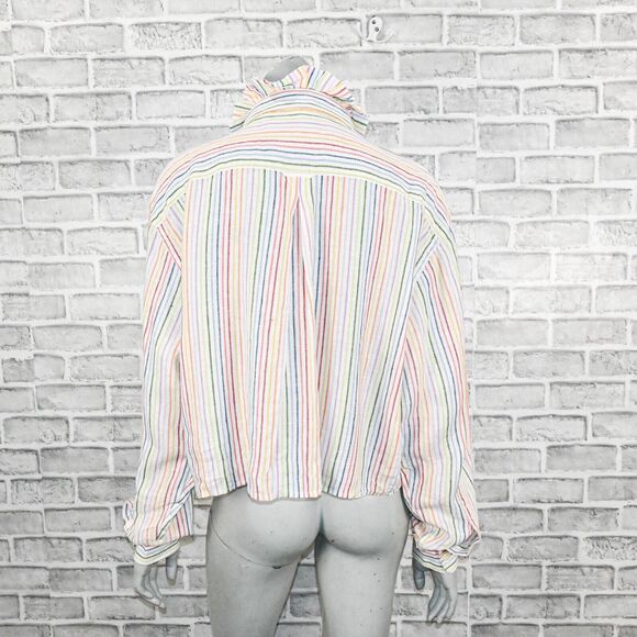 BANZO Women's 100% Linen Antique Ruffle Collar Boxy Shirt Striped multi sz XL - Picture 6 of 11